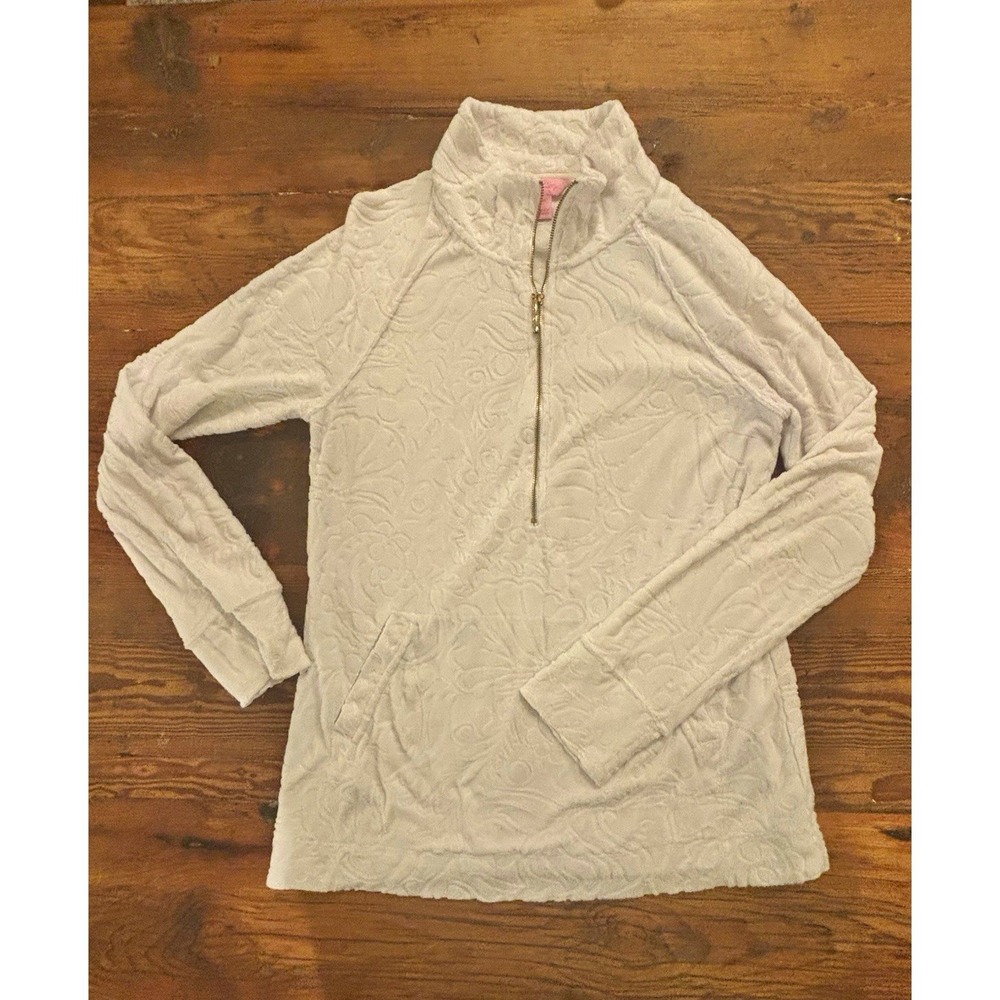 Lilly Pulitzer White Terry Floral Embossed 1/2 Zip Mock Neck Sweatshirt M